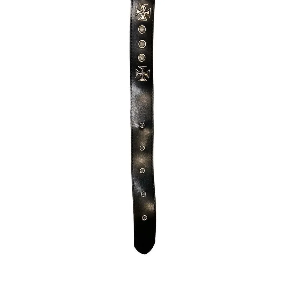 Single Pin Buckle Unisex Black Cross Grommet Faux Leather Belt